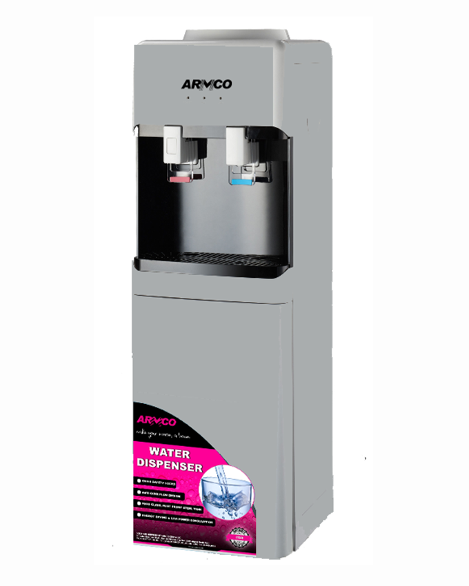 Armco Water Dispenser Hot & Compressor Cooling, With Cabinet, Dry Burning prevention, Automatic Temp. Control, Superior Quiet Design, Energy Saving with Low power consumption, Silver with Black Front Panel, 95 cm Height.