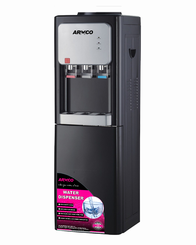Armco Water Dispenser Hot, Normal & Cold, Compressor Cooling With Cabinet, Dry Burning prevention, Automatic Temp. Control, Superior Quiet Design, Energy Saving with Low power consumption, Black with Silver front panel, 95 cm Height.