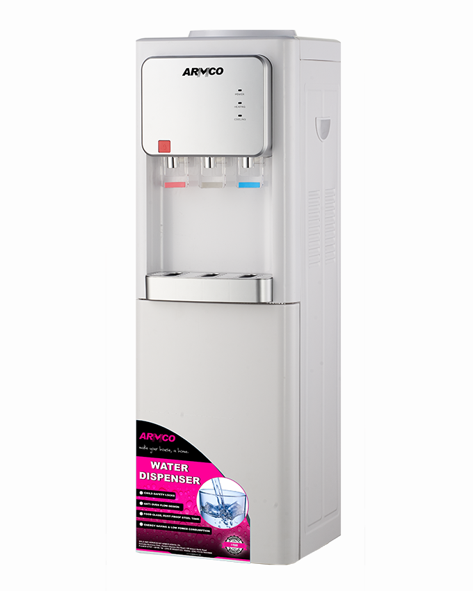 Armco Water Dispenser Hot, Normal & Cold, Compressor Cooling With Cabinet, Dry Burning prevention, Automatic Temp. Control, Superior Quiet Design, Energy Saving with Low power consumption, White with black front panel, 95 cm Height.