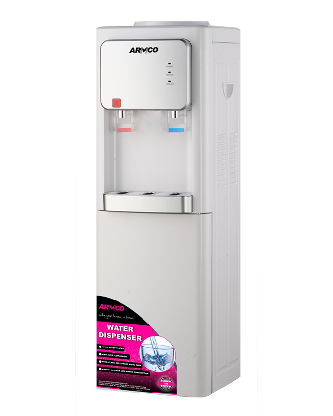 Armco Water Dispenser Hot & Normal, With Cabinet, Dry Burning prevention, Automatic Temp. Control, Superior Quiet Design, Energy Saving with Low power consumption, Black with Silver Front Panel, 95 cm Height.