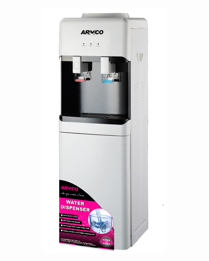 Armco Water Dispenser Hot & Compressor Cooling, With Cabinet, Dry Burning prevention, Automatic Temp. Control, Superior Quiet Design, Energy Saving with Low power consumption, White with Black Front Panel, 95 cm Height.