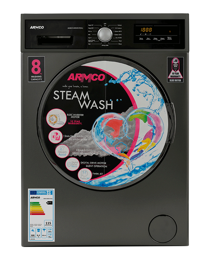 Armco 8KG Fully Automatic Steam Washing Machine, 55LT, 1400 RPM, FRONT LOADING, BLDC INVERTER MOTOR, 15 PROGRAMS, TOUCH PANEL, DIGITAL DISPLAY, STEAM ASSIST, TWINJET, DARK GRAY BODY COLOR, PC COVER DOOR GLASS, CHROME KNOB MATERIAL, STAINLESS STEEL DRUM.