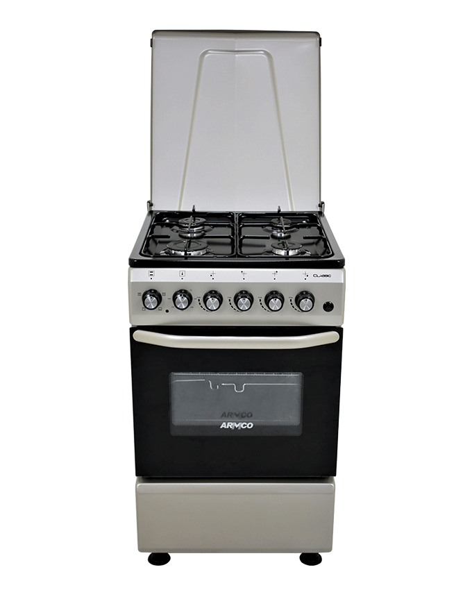 Armco 4Gas burner, 50X50 Electric Oven+Grill Cooker, Button Ignition , Oven Lamp, Rotiserrie, Mechanical timer, Metal lid, Double Glass Oven door, 1 Grid, 1 Tray, Adjustable Feet, Silver.