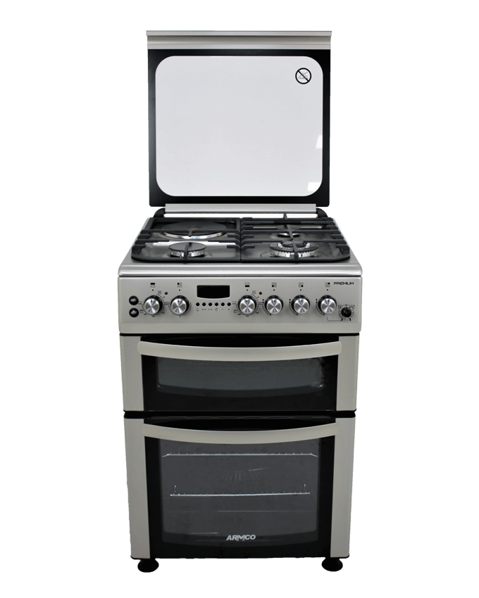 Armco cooker, 3Gas+1Electric, 60X60 Full Convection Oven+Grill, Soft Design,1 WOK, 1 Rapid HP (180mm - 2000w) , Auto ignition, Flame Failure Device for Burners, Thermostat, Lamp, Glass Lid, Rotisserrie, Digital Timer, Smart Timer, Cool Door with removable Inner Glass, Cast Iron Pan Supports with Matt enamel burner caps,1 grid, 2 Tray ( 1 Extra Deep), 1 Round Tray, Adjustable Feet, Utensil Apparatus for Glass Lid, High Aesthetics Steel Knobs, SILVER Finish.