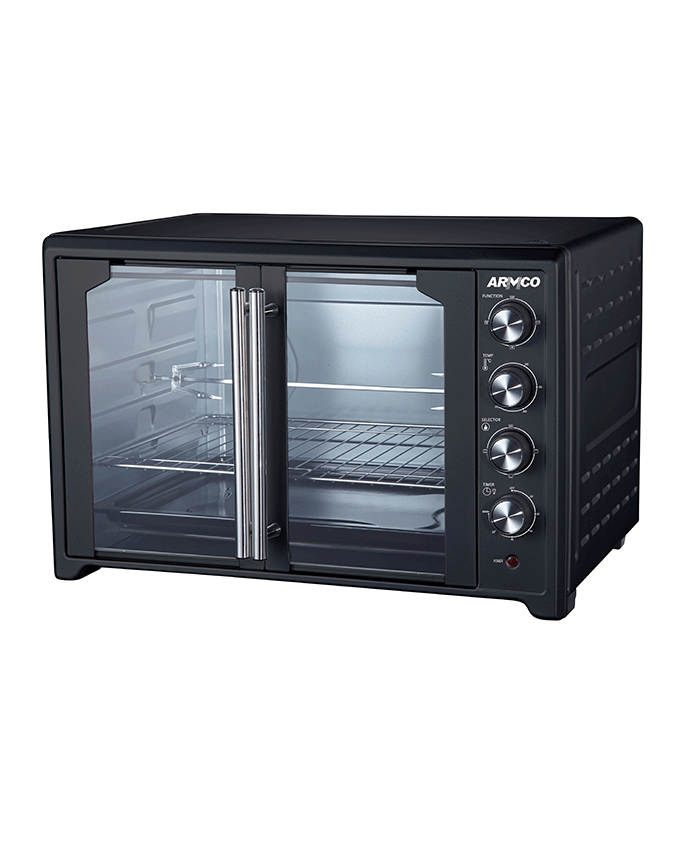 75L Full Convection Electric Oven, French Door 2800w, 60 Min Timer with Alarm, Variable Temperature control 100-250 °C, Full Chicken Rottiserrie, Wire Rack, Bake Tray, with accompanying handles, Black and Stainless Steel Housing.