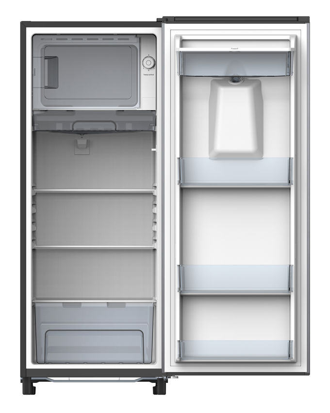 ARF-246WD(DS) - Refrigerator (9.0Cu.ft.g) 183L, 1 door, Tempered glass shelves, Cool Pack, Ice Tray, Big Ice Box (23L), Stylish Handle, Vegetable Crisper, Integrated Fresh Room and Defrosting Tray, 2.5L Water Storage with Water Dispenser, Dark Silver.