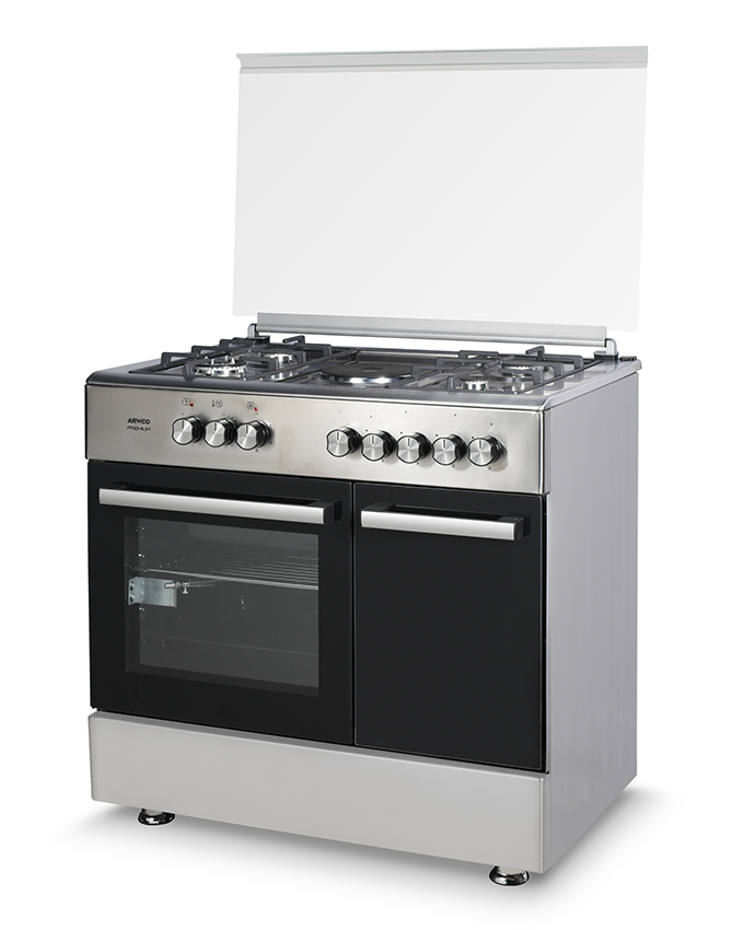 GC-F9641ZBT2(SS) - 4 Gas, 1 Electric, 60x90 Gas Cooker, Full Function Turbo Convection Oven, 1 Rapid Plate, 1 Triple Wok Burner, Cast Iron Pan Supports, EU Standard Flame Failure Device, Rotisserie, Mechanical Timer, Sabaf Italian Burners.