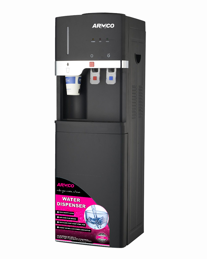 Armco Water Dispenser With Cup Dispenser , Hot & Electric Cooling, With Cabinet, Dry Burning prevention, Automatic Temp. Control, Superior Quiet Design, Energy Saving with Low power consumption, Black with Elegant Silver Trip, 98 cm Height.