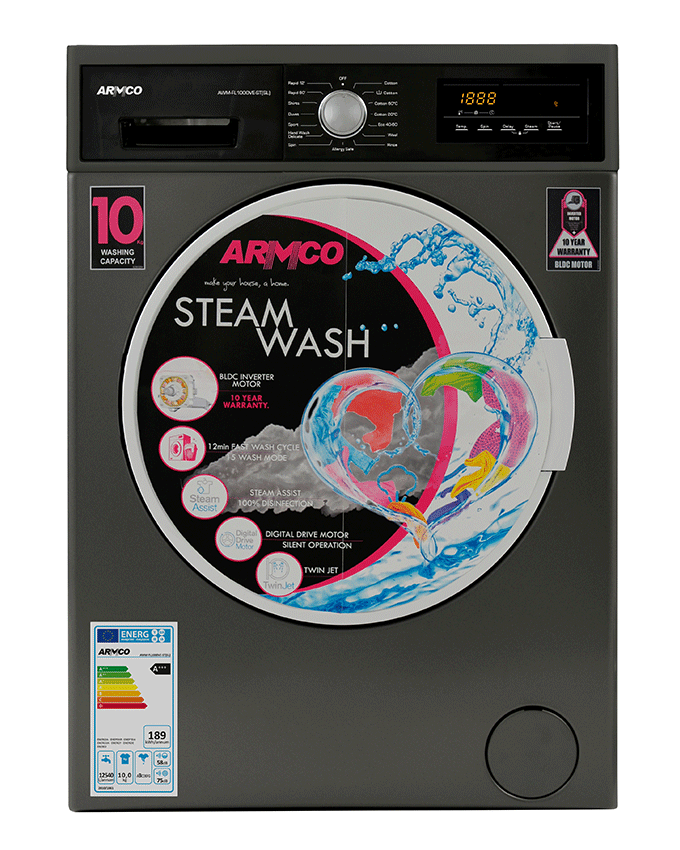 ARMCO 10KG Fully Automatic Steam Washing Machine , 62LITRE, 1400 RPM FRONT LOADING, BLDC INVERTER MOTOR, 15 PROGRAMS, TOUCH PANEL, DIGITAL DISPLAY, STEAM ASSIST, TWINJET, DARK GRAY BODY COLOR, PC COVER DOOR GLASS, CHROME DOOR&KNOB MATERIAL, STAINLESS STEEL DRUM.