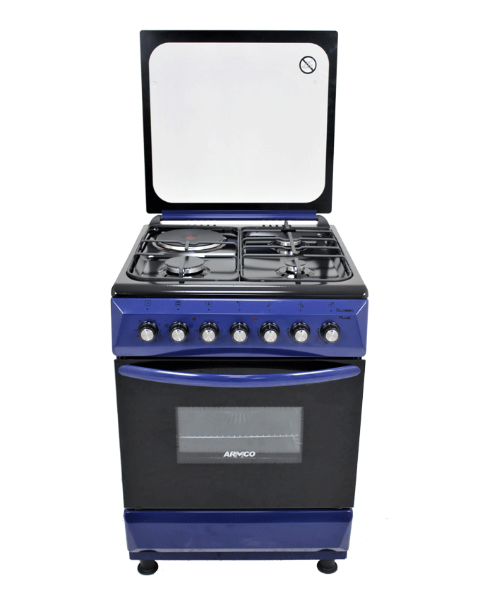 Armco Gas Cooker, 3 Multigas Burners + 1Electric (180mm-2000W RAPID Plate), 60X60 Oven+Grill, One Touch Auto ignition, Thermostat, Lamp, TEMPERED GLASS Lid, Rotisserrie, Mechanical Timer, Cool Door with removable inner glass Oven, 1 grid, 1 Tray, 1 Extra Round tray, Matt enamel pan supports and caps, Adjustable Feet, NAVY BLUE.