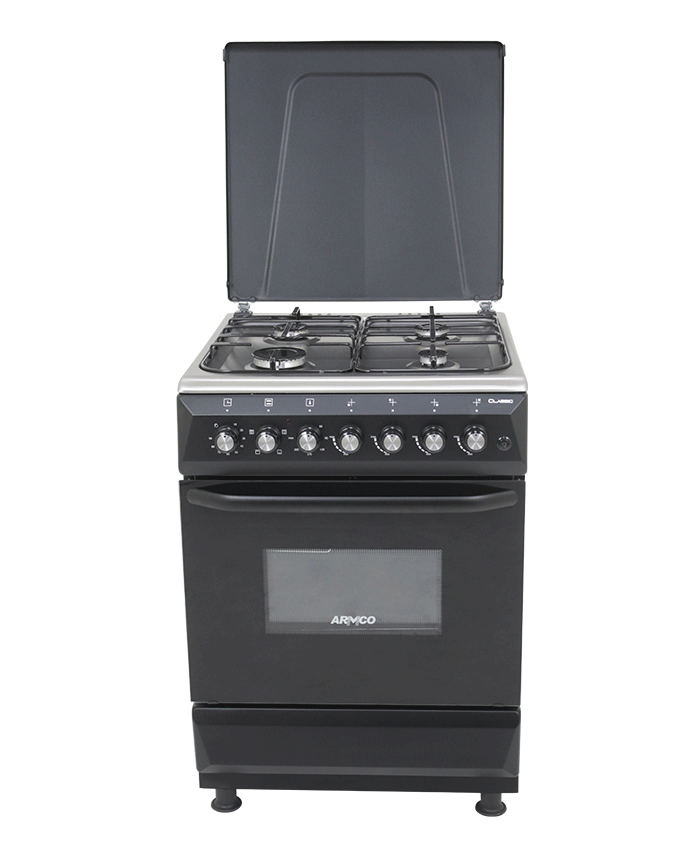 Armco 4Gas Burner, 60X60 Electric Oven+Grill, Button Ignition , Oven Lamp, Rotiserrie, Mechanical timer, Metal lid, Double Glass Oven door, 1 Grid, 1 Tray, 1 Extra Deep Tray, Adjustable Feet, Black with Stainless Steel Top.